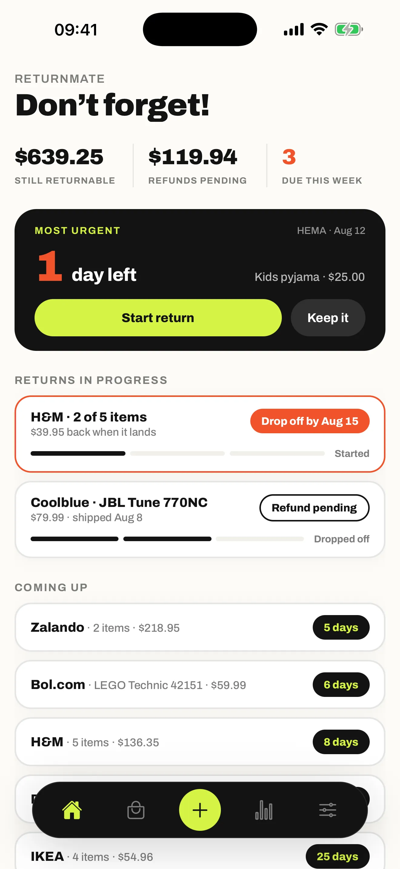 The ReturnMate home screen: $639.25 still returnable, $119.94 in refunds pending and 3 returns due this week, with a HEMA kids pyjama down to its last day, H&M and Coolblue returns in progress, and Zalando, Bol.com and IKEA deadlines coming up.